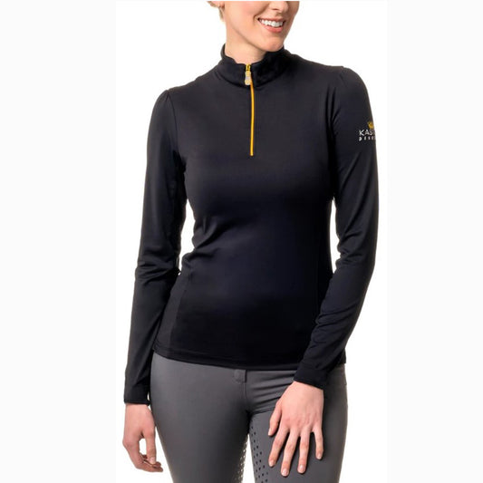 Black Shirred Shoulder with Gold Zipper Long Sleeve 1/4 Zip