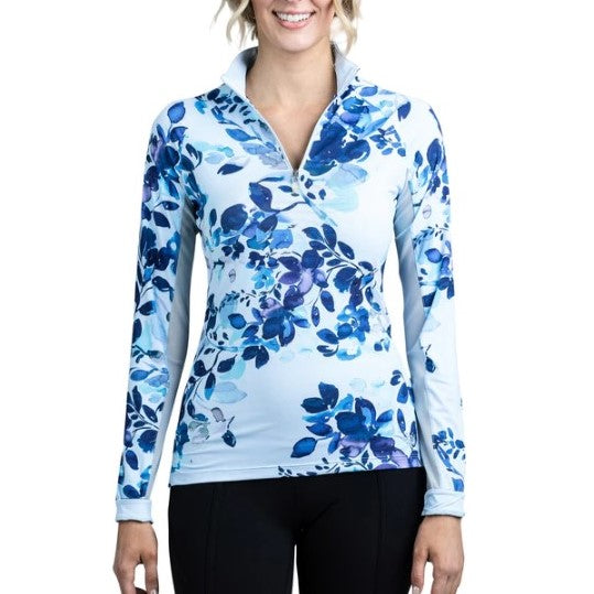 Watercolor Blue Floral Long Sleeve 1/4 Zip